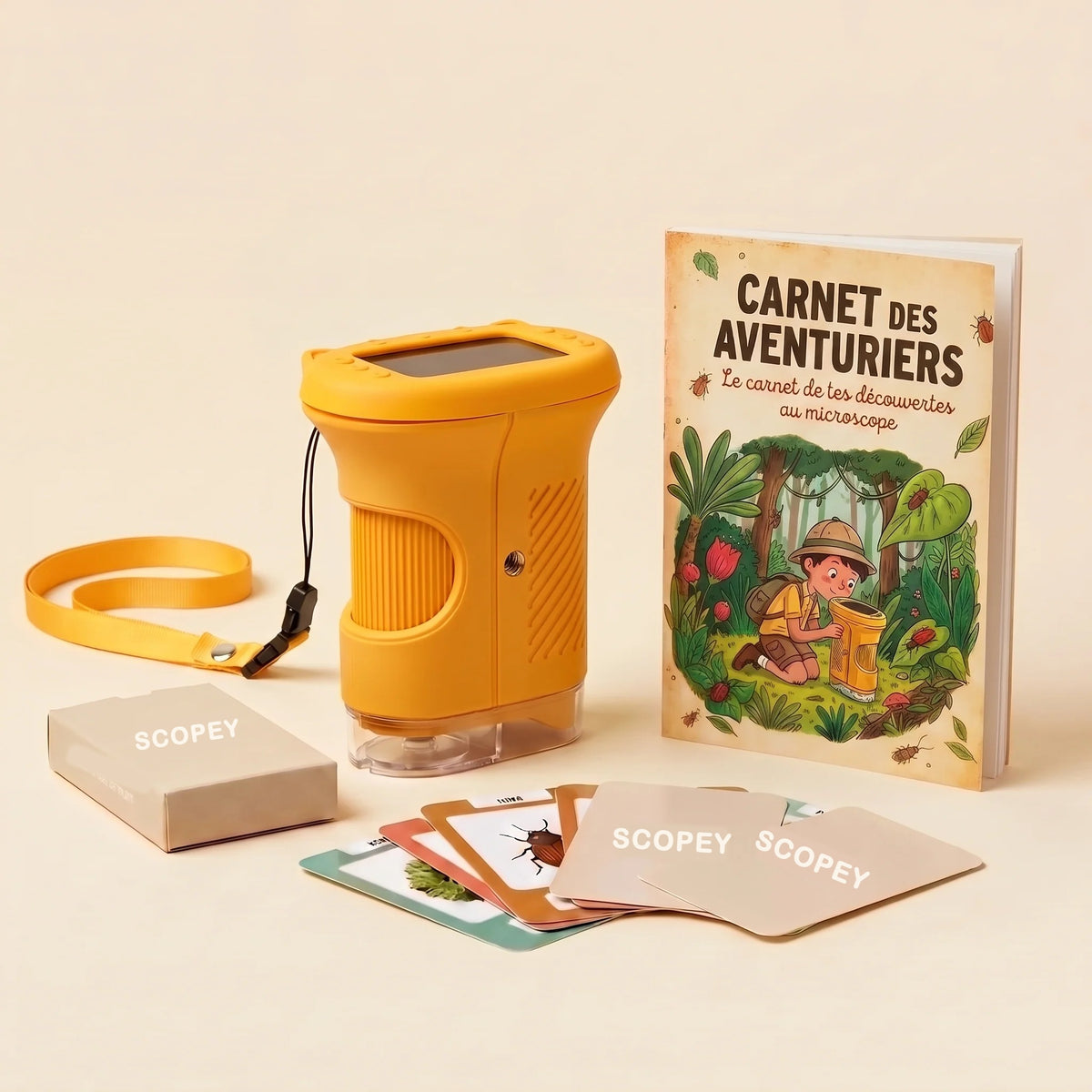 Microscope Scopey avec le Carnet des Aventuriers et les cartes à collectionner
